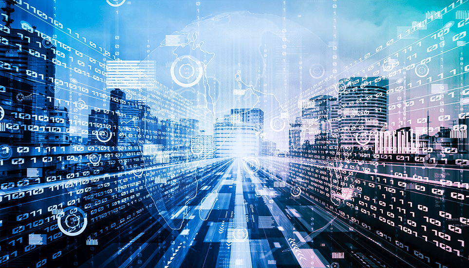 Tunnel de data sur paysage urbain